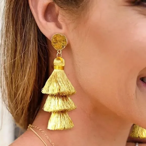 14K Yellow Gold with Gold Silk Thread Tassel and Quartz Druzy Post Drop Earrings